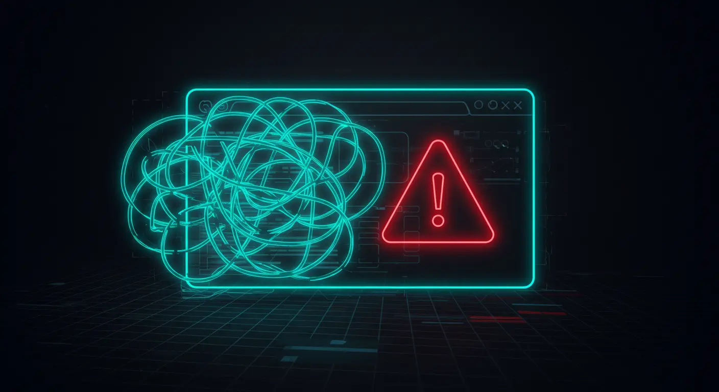 Conceptual image: tangled neon lines engulfing a browser window with a warning triangle, symbolizing extension bloat.
