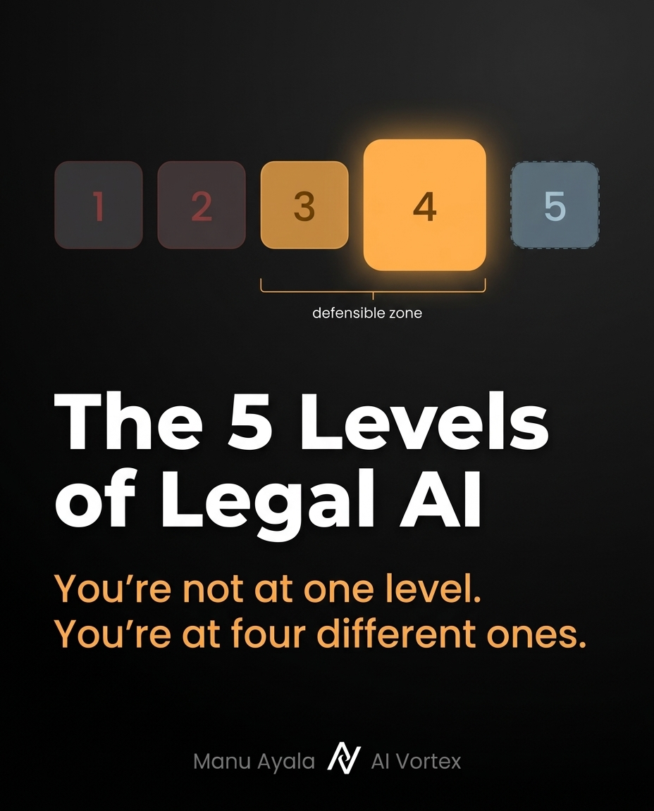 The 5 Levels of Legal AI Adoption — framework showing five levels from Unaware to AI-Native with the defensible zone at levels 3-4