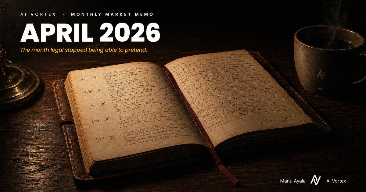 April 2026 Monthly Market Memo cover — leather-bound journal open on dark wood desk with the four key dates of legal AI's phase change marked in handwriting