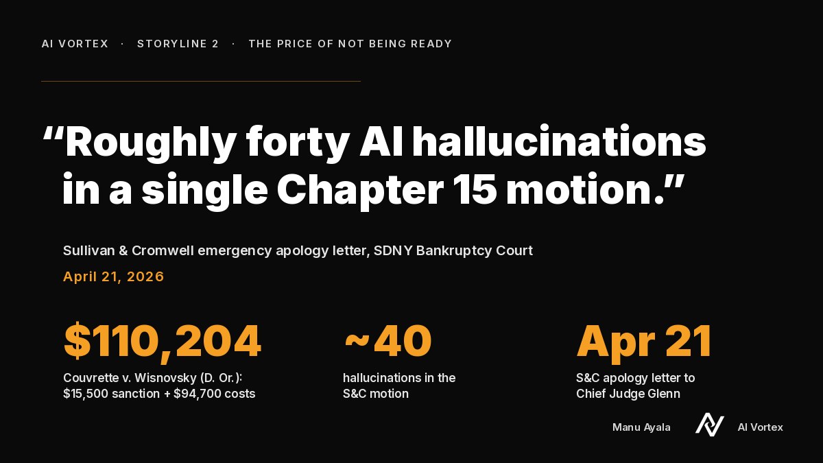 Storyline 2. The Price of Not Being Ready: Roughly forty AI hallucinations in a single Chapter 15 motion. Sullivan & Cromwell emergency apology letter, SDNY Bankruptcy Court, April 21, 2026. Couvrette v. Wisnovsky (D. Or.): $15,500 sanction plus $94,700 costs, $110,204 in our dataset.