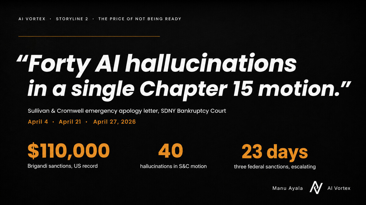 Storyline 2 — The Price of Not Being Ready: Forty AI hallucinations in a single Chapter 15 motion. Sullivan & Cromwell emergency apology letter, SDNY Bankruptcy Court, April 4, April 21, April 27, 2026. $110,000 Brigandi sanctions, 40 hallucinations in S&C motion, 23 days of three federal sanctions escalating.