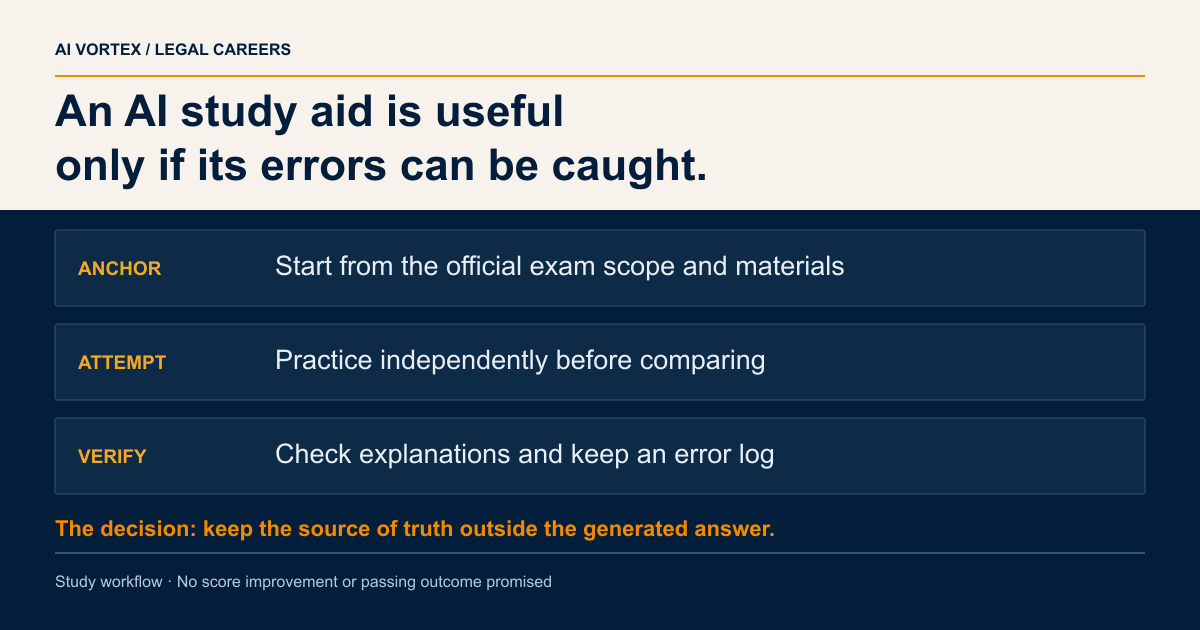An AI study aid is useful only if its errors can be caught. ANCHOR: Start from the official exam scope and materials; ATTEMPT: Practice independently before comparing; VERIFY: Check explanations and keep an error log