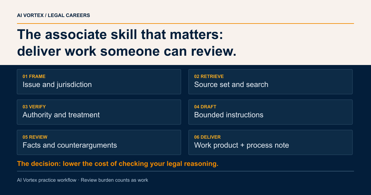 The associate skill that matters: deliver work someone can review. 01 FRAME: Issue and jurisdiction; 02 RETRIEVE: Source set and search; 03 VERIFY: Authority and treatment; 04 DRAFT: Bounded instructions; 05 REVIEW: Facts and counterarguments; 06 DELIVER: Work product + process note
