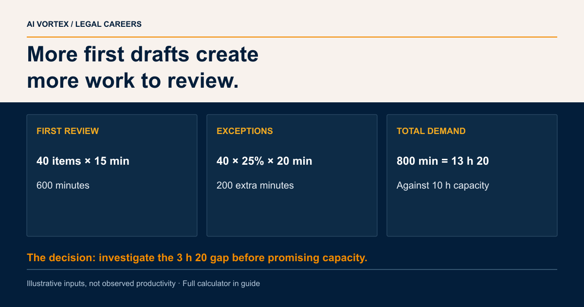 More first drafts create more work to review. FIRST REVIEW: 40 items × 15 min: 600 minutes; EXCEPTIONS: 40 × 25% × 20 min: 200 extra minutes; TOTAL DEMAND: 800 min = 13 h 20: Against 10 h capacity