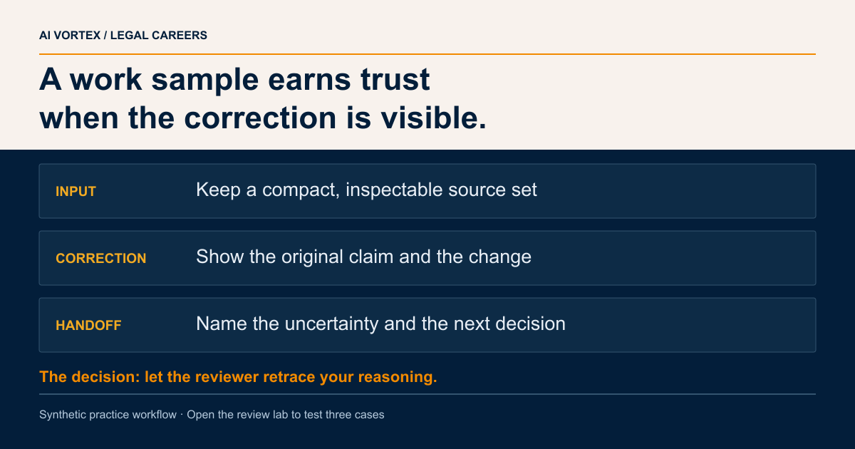 A work sample earns trust when the correction is visible. INPUT: Keep a compact, inspectable source set; CORRECTION: Show the original claim and the change; HANDOFF: Name the uncertainty and the next decision