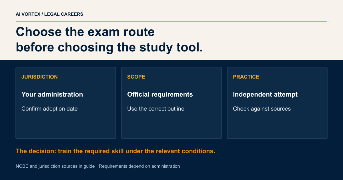 Choose the exam route before choosing the study tool. JURISDICTION: Your administration: Confirm adoption date; SCOPE: Official requirements: Use the correct outline; PRACTICE: Independent attempt: Check against sources