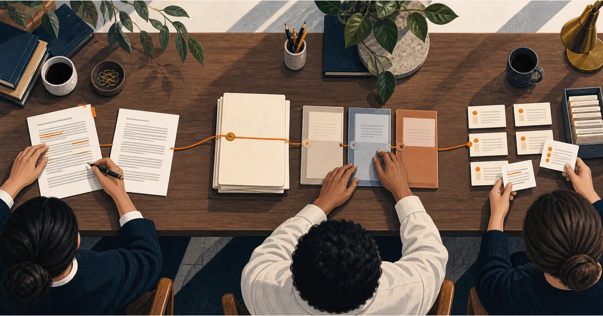 Three anonymous professionals review sources, organize handoffs and check records around a shared table.