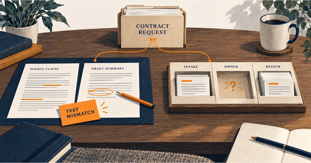 A contract request leads to a source-summary mismatch test and an intake board with an unassigned owner.