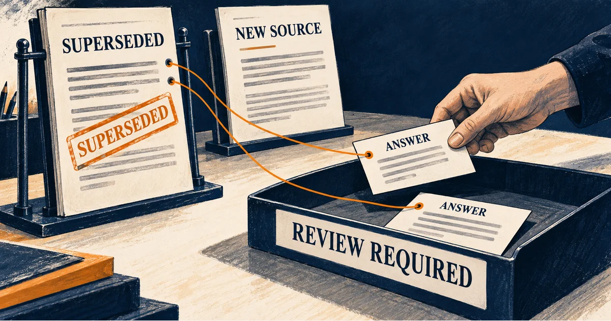 Two answers linked to a superseded source return to a review tray while a replacement source waits nearby.