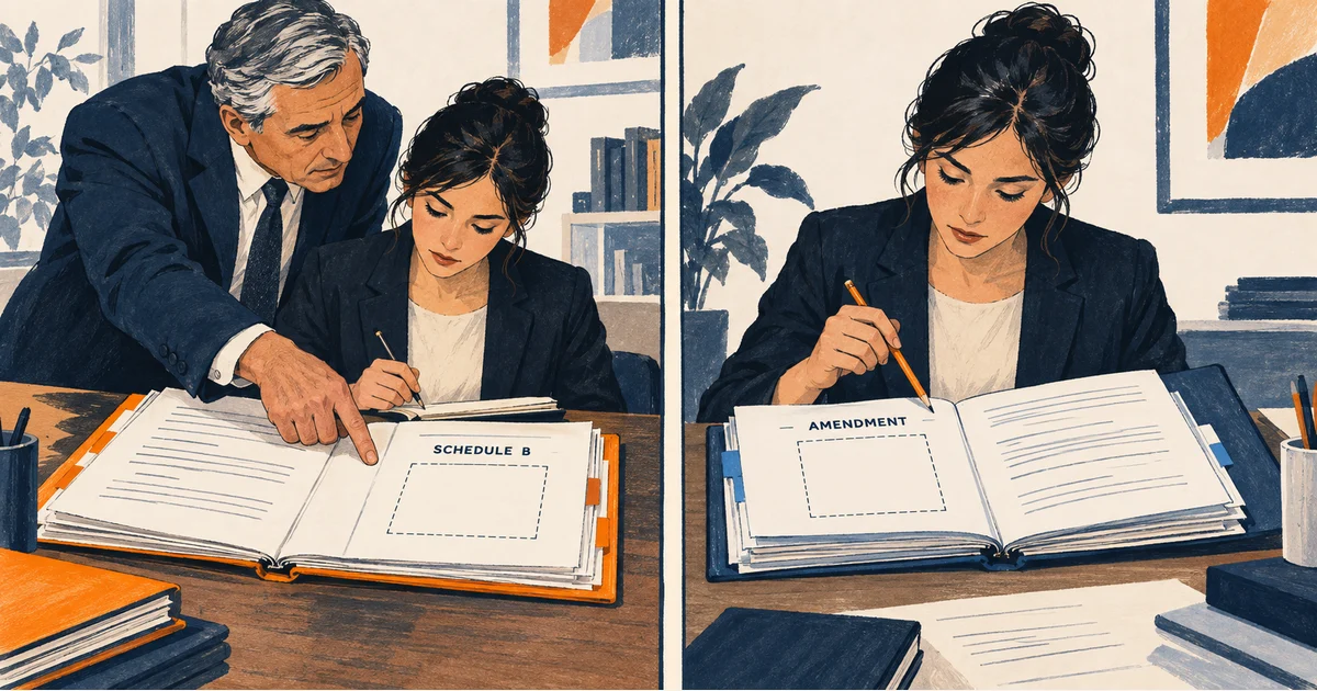 A supervisor and junior examine a missing Schedule B; the junior then examines a different packet with a missing amendment.
