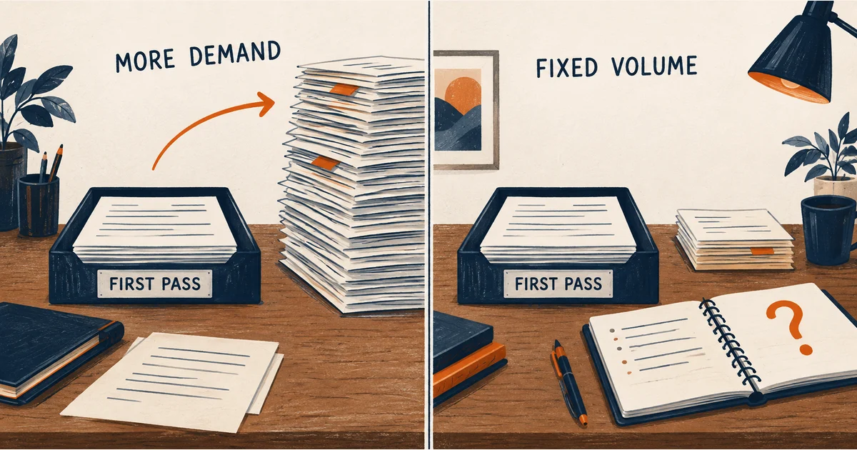 Identical first-pass trays face two hypothetical conditions: more incoming demand or fixed volume with an open planning decision.