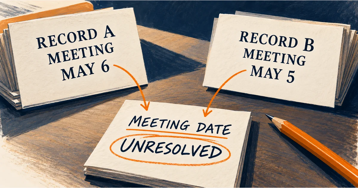 Record A dates a meeting May 6; Record B says May 5. Both lead to an unresolved meeting-date note.