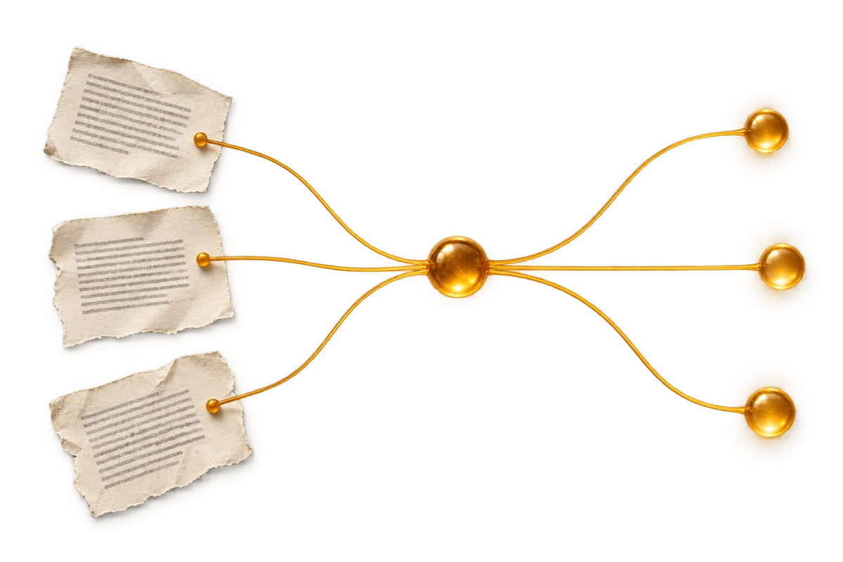 Source fragments connected to branching paths representing alternative possibilities