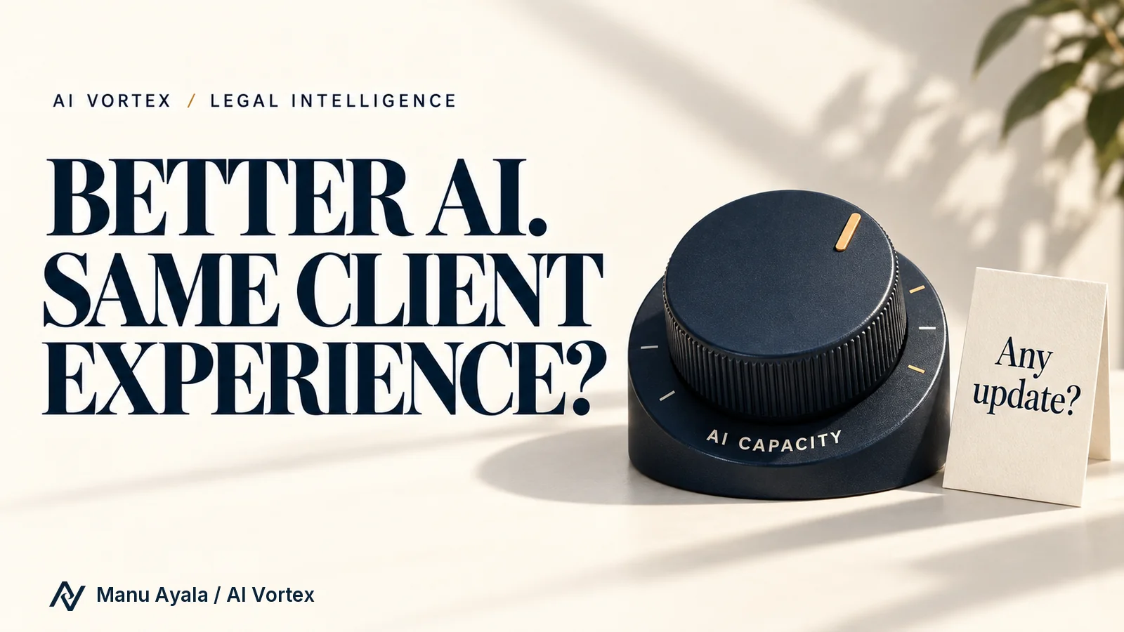 An ivory editorial cover asks, Better AI. Same client experience? A navy dial labeled AI capacity turns upward beside a small client note asking, Any update?