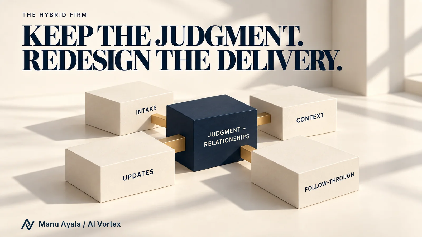 An architectural model places judgment and relationships at the center, connected to four modules: intake, context, updates and follow-through. The headline reads, Keep the judgment. Redesign the delivery.