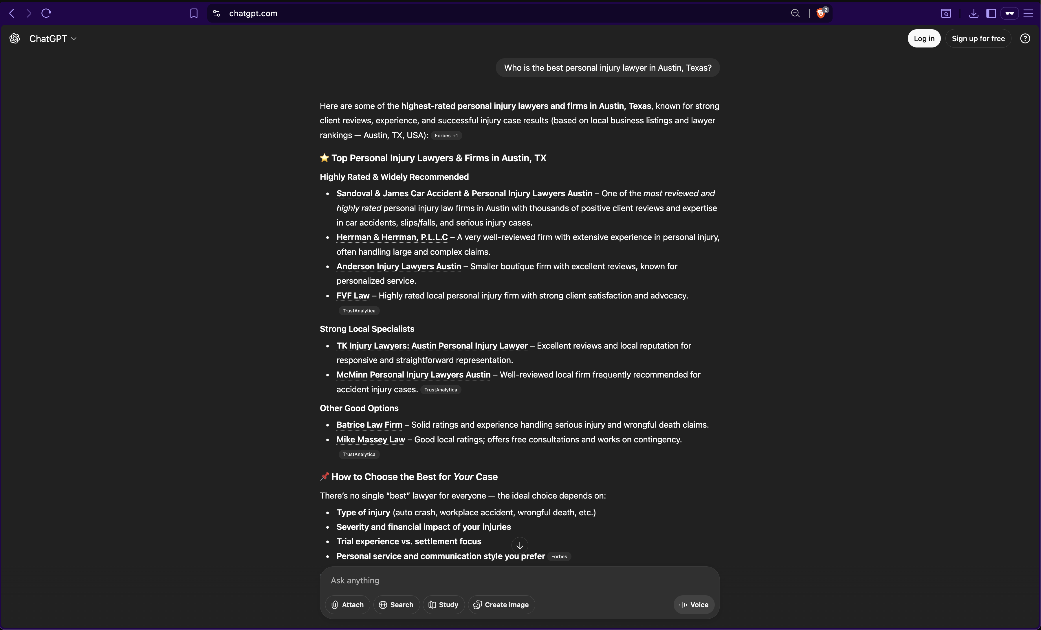 ChatGPT results for 'Who is the best personal injury lawyer in Austin, Texas?' showing Sandoval & James as the top recommendation