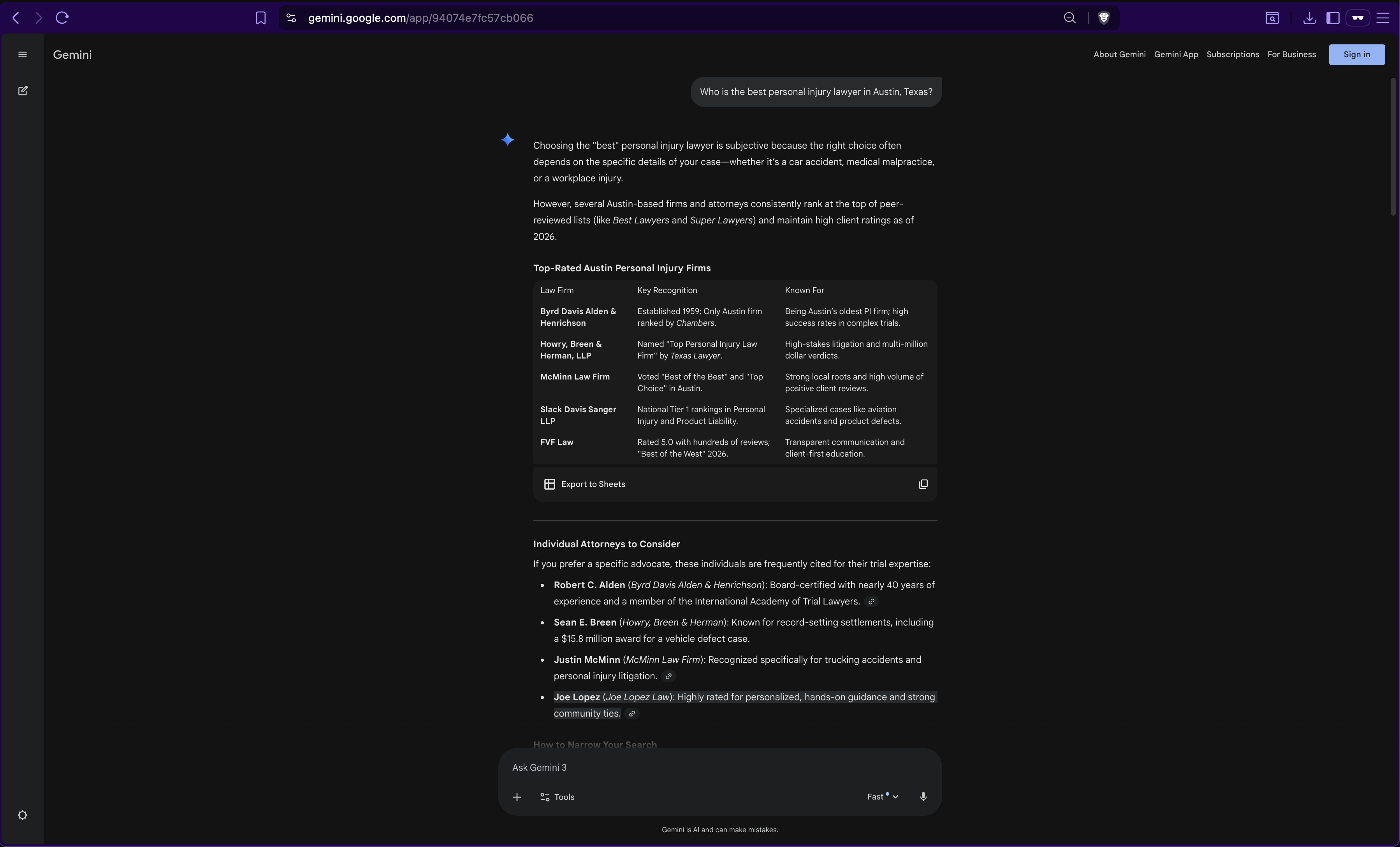 Gemini results showing Byrd Davis Alden & Henrichson at the top with a ranked table of firms and individual attorneys