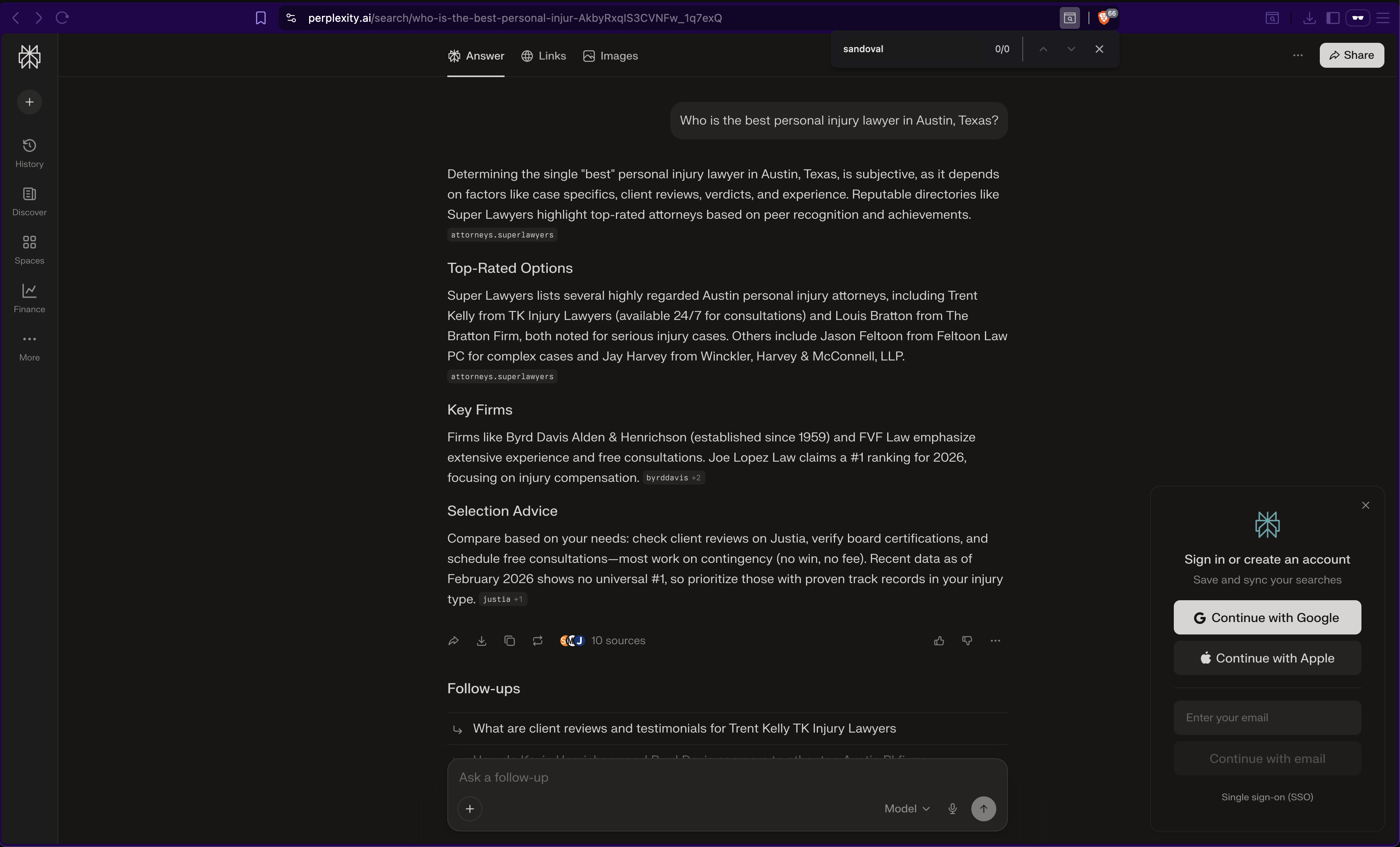 Perplexity results showing Super Lawyers as primary source, recommending Trent Kelly, Louis Bratton, and other attorneys not mentioned by ChatGPT or Gemini