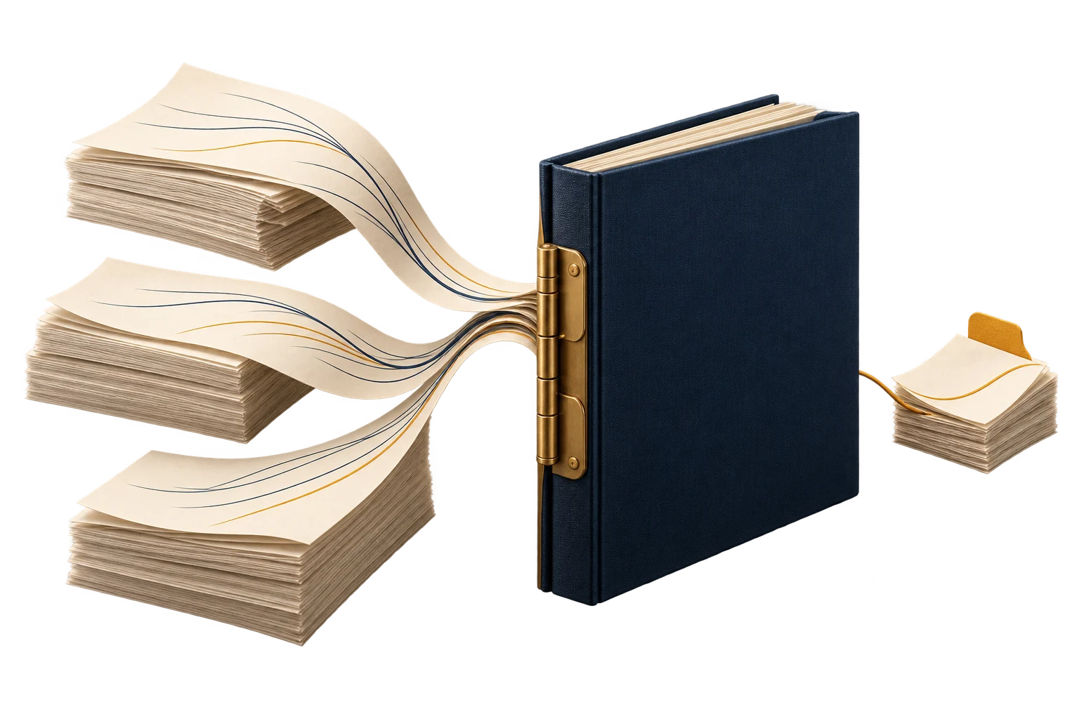 Prior agreements and review notes connect to a navy playbook with a gold hinge.