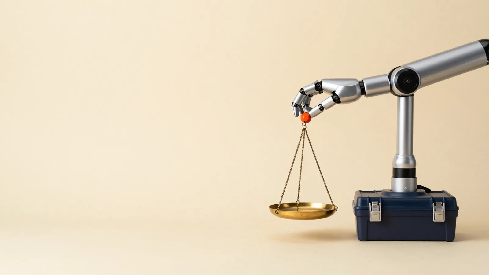 A brass balance scale with a lease page on one pan and a toolbox on the other and a robotic finger adjusting a weight.