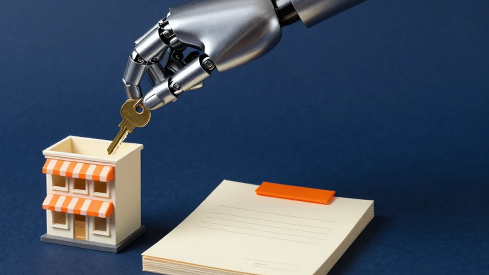 A robotic hand sets a brass key into a small model shop with an orange awning beside a stack of blank lease pages.