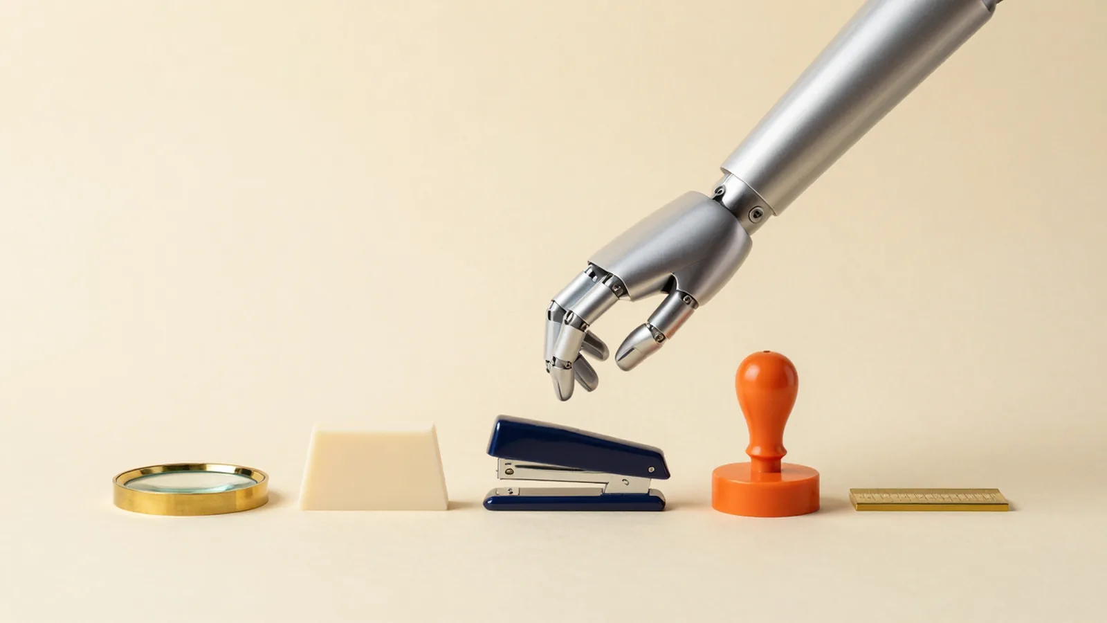 Five different tools on a cream surface with a robotic hand over the middle one.