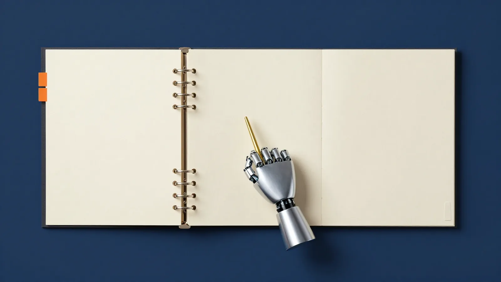 An open navy binder with a page split into three sections and a robotic hand pointing at the middle one.