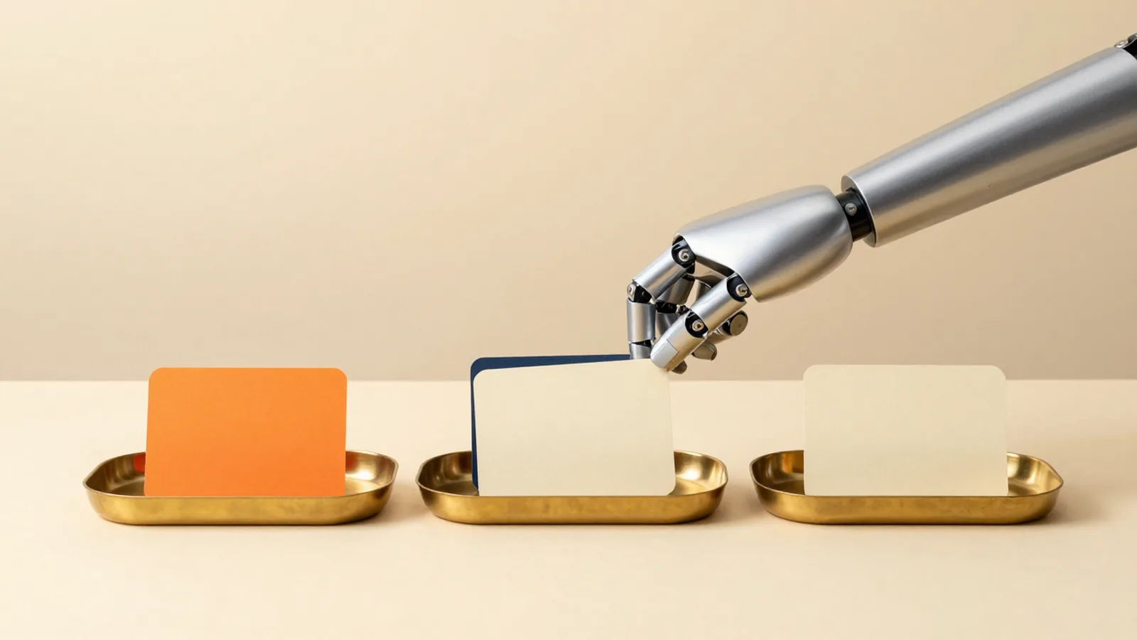Three brass trays on a cream desk with a robotic hand sorting a blank card into the middle tray.