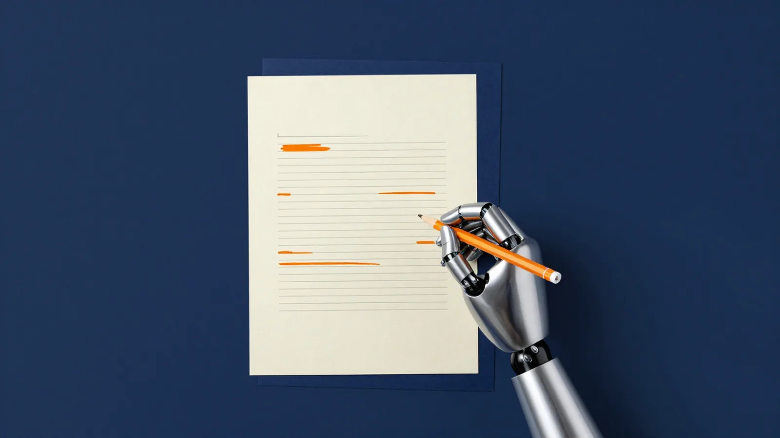 A robotic hand marks a blank lease page with an orange pencil, striking out paragraphs in front of a second navy page.