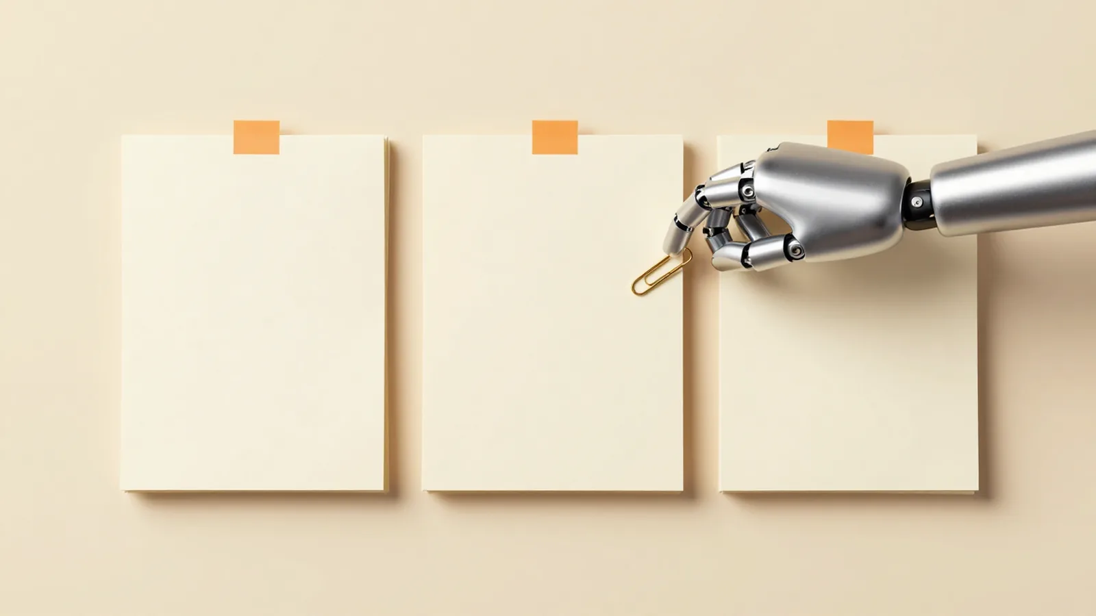 Three blank lease pages fanned out in sequence with orange tabs and a robotic hand adding a paperclip.
